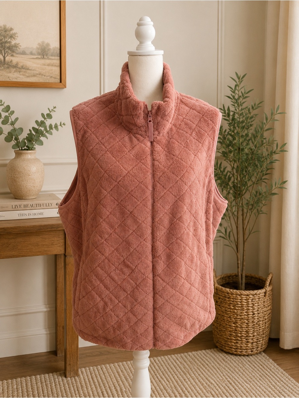Time and Tru Dusty Rose Quilted Sherpa Vest 2X Full Zip Soft Plush